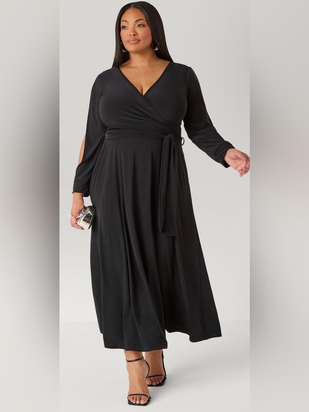 NWOT Janette F/S Black Faux Wrap Split Sleeve Belted Maxi Dress XL